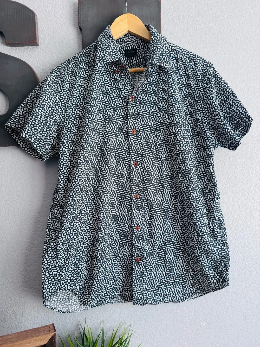 J. Crew Black Short-Sleeve Button-Down with White Dot Print